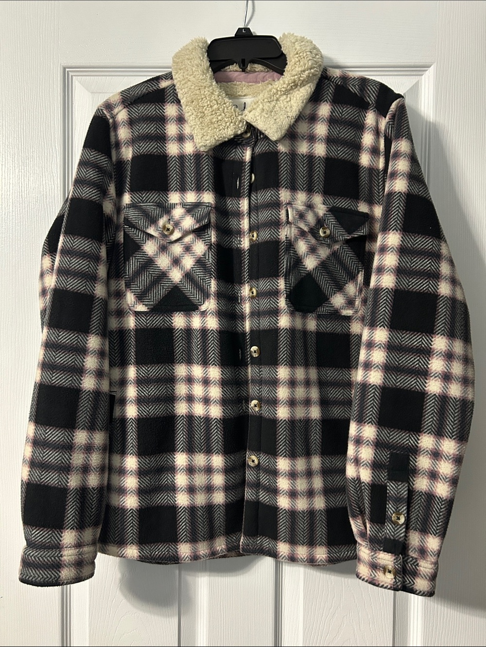Soho Black & Cream Plaid Teddy Collar Jacket